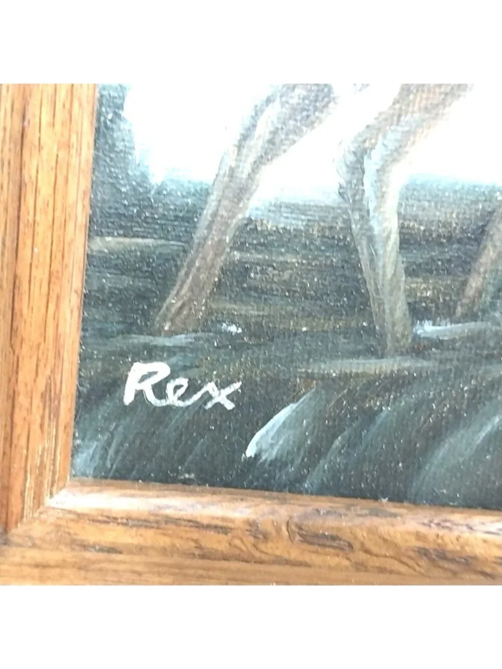 Bevel Framed Winter Forest Oil Painting With Deer Signed By Rex Hunting Lodge